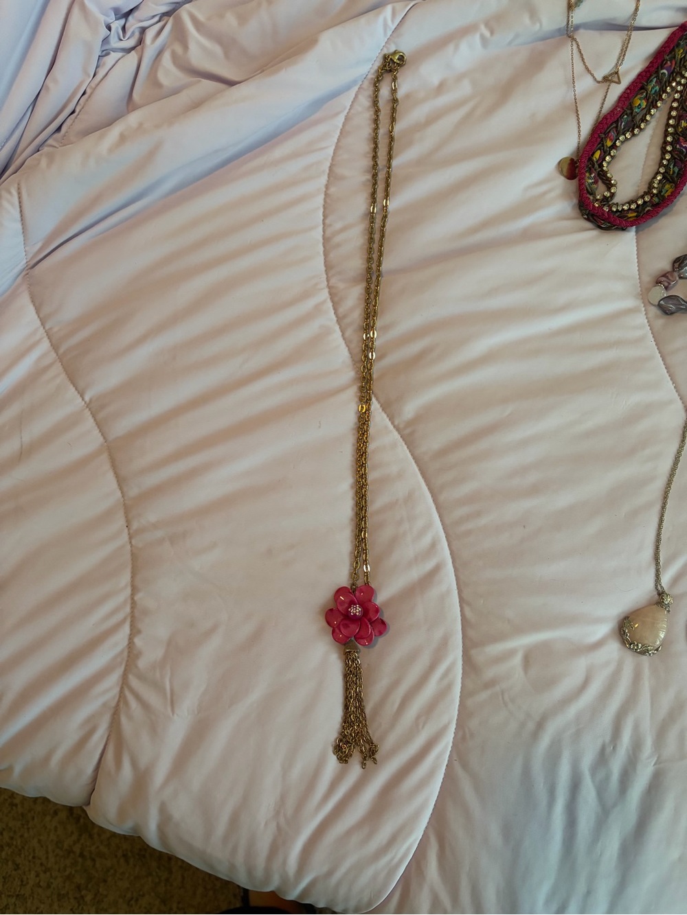 Gold-Tone Necklace with Pink Flower Pendant